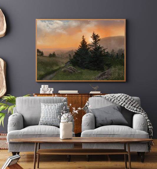 Sunrise on Roan Mountain | Appalachian Mountains Panoramic Landscape | Oil Painting Print | Nature Lovers Gift | North Carolina Mountains