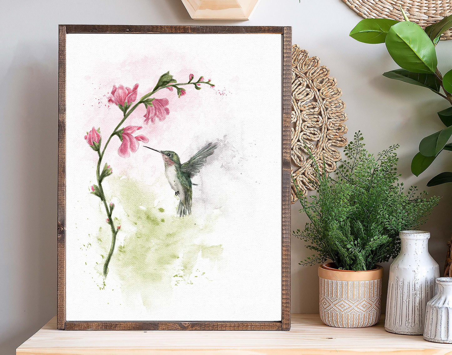 Hummingbird Watercolor Painting | Birds and Flowers Art | Gift for Mom